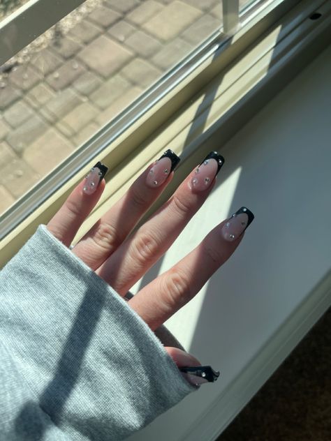 Black Frenchies With Rhinestones, Frenchies With Rhinestones, Black Frenchies, Black Nails, French Nails, Nail Inspo, Gel Nails, Square, Nails