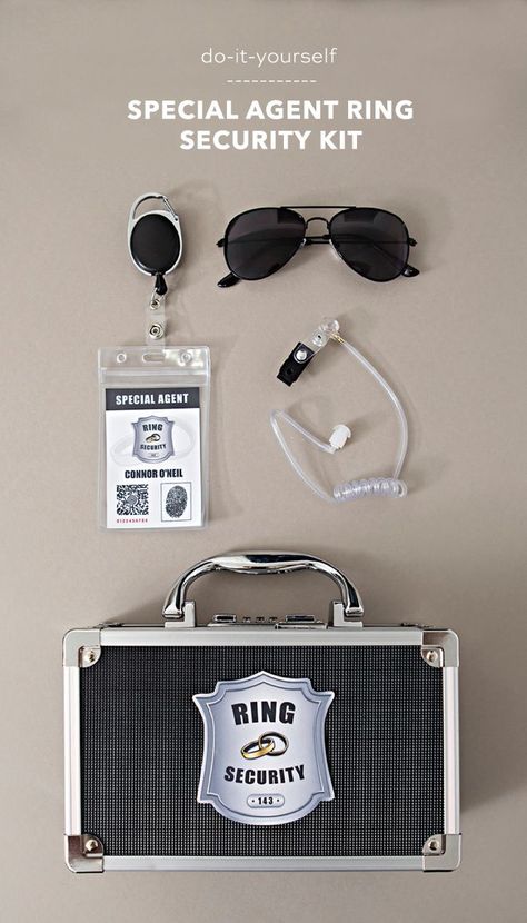 Make your own special agent style ring security kit for your ring bearer! Ring Bearer Security Ideas, Ringbearer Cute Ideas, Wedding Security, Ring Bearer Ring Security, Security Ring Bearer, Ring Security Wedding, Ring Bearer Security, Batman Wedding Rings, Ring Security