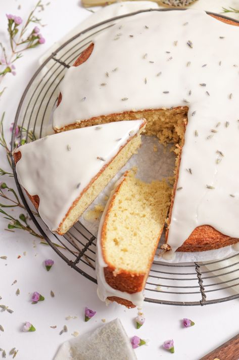 Lavender Honey Chamomile Tea Cake Chamomile Lavender Cake, Honey Chamomile Cake, Honey Tea Cake, Imbolc Baking, Chamomile Dessert, Chamomile Tea Cake, Honey Lavender Cake, Lavender Honey Cake, Cottagecore Baking Recipes