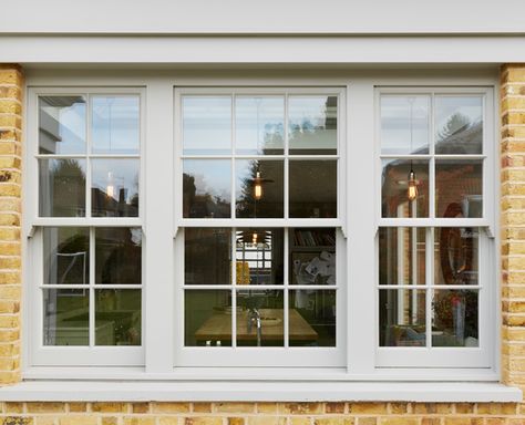 Timber weighted box sash window Sash Upvc Windows, Wide Sash Windows, Double Sash Windows, Wide Sash Window, Bungalow Windows, Hampton Exterior, Front Window Design, Upvc Sash Windows, Georgian Windows