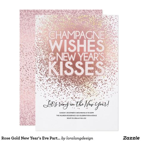 Rose Gold New Year's Eve Party Invitation Gold Nye Party, Pink New Years, Rose Gold Invitation, New Years Eve Events, Party Design Ideas, New Year's Kiss, New Years Eve Day, New Years Eve Invitations, Holiday Card Diy