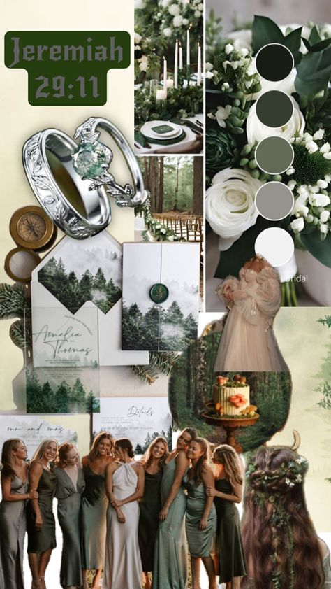 Winter Wedding Forest Green, Green Silver Wedding Theme, Lord Of The Rings Wedding Colors, Outlander Wedding Theme, Green And Silver Wedding, Middle Earth Wedding, Green Wedding Palette, Silver Winter Wedding, Earth Wedding