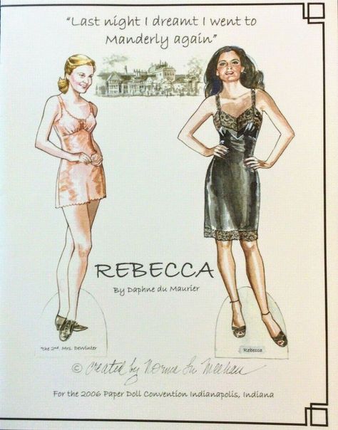 Based on the book by Daphne du Maurier, here are paper dolls of the 2nd Mrs. DeWinter, played by Joan Fontaine in the 1940 Hitchcock movie and Lily James in the 2020 version, and Rebecca, unseen in both movies. Rebecca Book, Rebecca Daphne Du Maurier, Joan Fontaine, Daphne Du Maurier, Movies Art, Film Paper, Paper Dolls Book, Hooray For Hollywood, Lily James