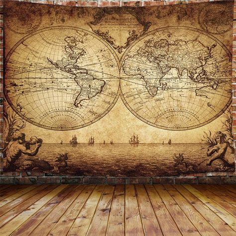 World Map Tapestry, Map Tapestry, Pirate Map, Ancient World Maps, Blanket On Wall, Poster Beach, Tapestry Vintage, Dorm Living Room, Backdrop Photo