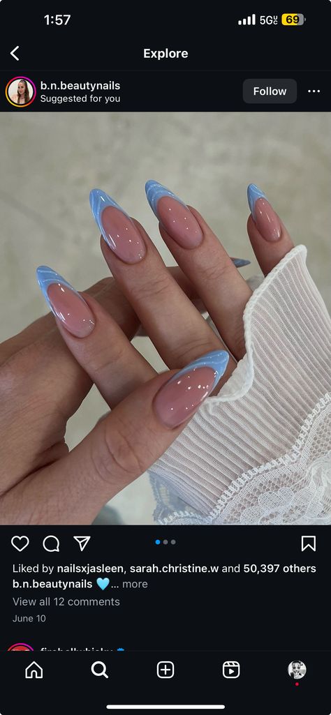 Blue Nail Designs Almond, Nail Designs Almond, French Tip Almond, Blue French Tip, Blue French Tips, Blue French, Blue Nail Designs, Blue Nail, Nails French