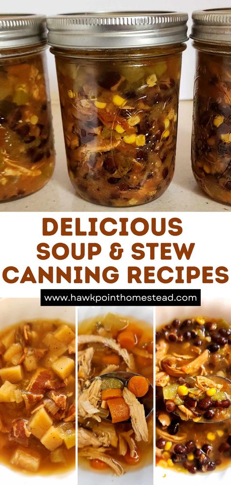 These canning recipes for homemade soups and stews are easy to make and they turn out delicious. Canning homemade soups saves money, but it is also healthier than buying canned soups from the grocery store, because you know what is going into your soup. No preservatives are added, you can add how much salt or no salt, plus you can season the soup to your preference. Plus they taste so much better!! Canning Vegetable Soup With Meat, Food Canning Ideas, Canning How To, Vegan Pressure Canning Recipes, Pressure Canning Cabbage Recipes, Canning Stuffed Pepper Soup, Fun Canning Recipes, Pressure Canning Ham And Bean Soup, Pressure Canned Meals In A Jar