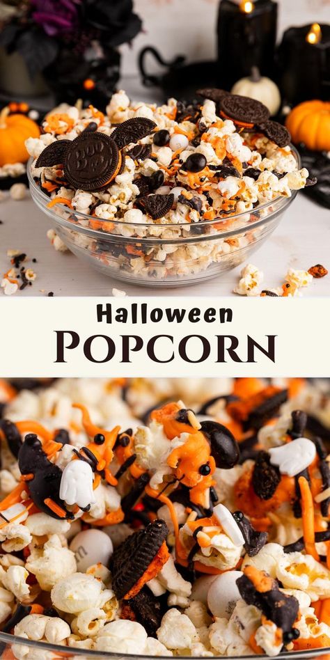 halloween popcorn in bowl and up close. Halloween Movie Night Party, Spooky Movie Night, Halloween Sleepover, Halloween Oreos, Halloween Date, Halloween Popcorn, Spooky Halloween Treats, Halloween Movie Night, Movie Night Snacks