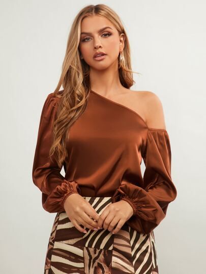 Free Returns ✓ Free Shipping On Orders $49+ ✓. SHEIN BAE Asymmetrical Neck Lantern Sleeve Satin Top- Women Blouses at SHEIN. Satin Top Blouses, Lantern Sleeve Top, Lantern Sleeved Blouses, Crochet Maxi Dress, Satin Blouses, Cold Shoulder Blouse, Plain Tops, Women Blouses, Satin Top