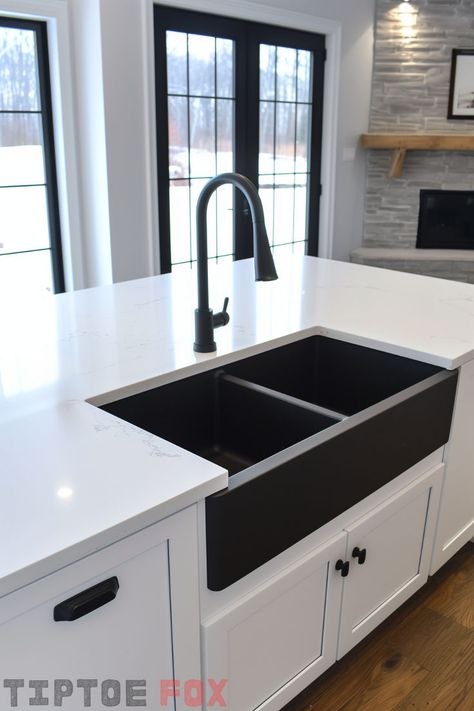 neutral kitchen black sink double bowl undermount in island white countertops white cabinets black faucet black hardware modern kitchen design Black Kitchen Sink White Cabinets, Kitchen Double Sink Ideas, Black Sink With White Countertop, White Kitchen With Black Sink, Black Sink Kitchen White Cabinets, Barn Sink Kitchen, White Kitchen Black Sink, White Kitchen Black Hardware, Kitchen Island Ideas With Sink