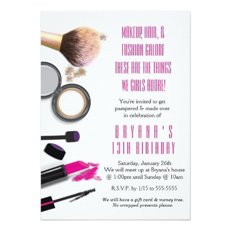 Makeup Beauty Glamour Birthday Party Invitation Glamour Birthday Party, Glamour Birthday, Makeup Birthday Party, Makeup Birthday, Party Makeup Tutorial, Gift Cards Money, Make Up Cake, Beauty Party, Beauty Event