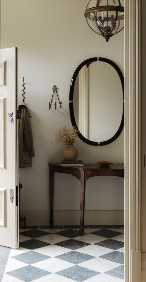 Square Entrance Hall, Dark Hallway Aesthetic, Modern Victorian Entryway, Narrow Entrance Hall, Vestibule Entryway, Entryway With Stairs, Hallway Aesthetic, Checkerboard Floors, Aesthetic 2025