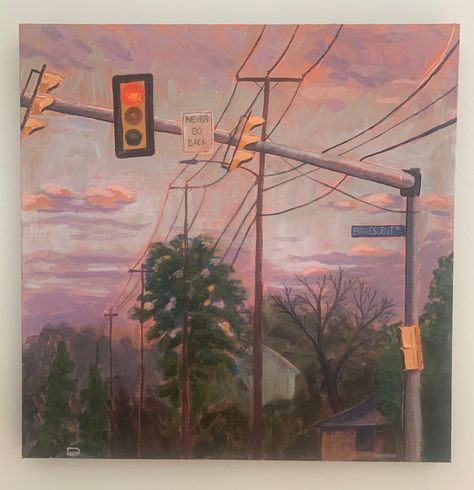 Street Painting, Power Lines, Time Passing, Stop Light, Sunset Colors, Traffic Light, Plein Air Paintings, Acrylic Painting On Canvas, Mail Art