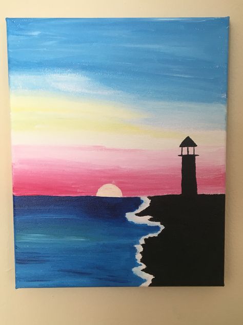 Ocean shore and light house Painting Nature Easy Simple, Easy Light House Painting, Sunset And Ocean Painting, Light House Drawing Easy, Ocean Canvas Painting Easy, Oil Pastel Art Nature, Simple Acrylic Paintings Sunset, Painting Ideas Easy Simple For Kids, Painting Ideas On Canvas Ocean