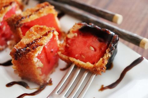 Pan Fried Watermelon Bites Recipe - What About Watermelon? Deep Fried Watermelon, Fried Watermelon Recipe, Over Ripe Watermelon Recipes, Fried Watermelon, Watermelon Rind Recipes Indian, Watermelon Frozen Treats, Watermelon Bites, Watermelon Rind Recipes, Watermelon Recipe