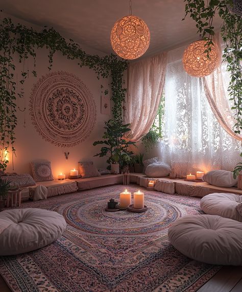 A tranquil meditation space adorned with soft-toned mandala wall art, plush cushions, gentle candlelight, and indoor plants, fostering a serene environment for mindfulness and relaxation. Creating A Meditation Space At Home, Zen Den Ideas Meditation Space, Meditation Room Ideas Home, Zen Room Ideas Meditation Decor, Meditation Aesthetic Room, Holistic Therapy Room Ideas, Healing Room Ideas Meditation Space, Meditation Asethic, Zen Decorating Ideas Living Room