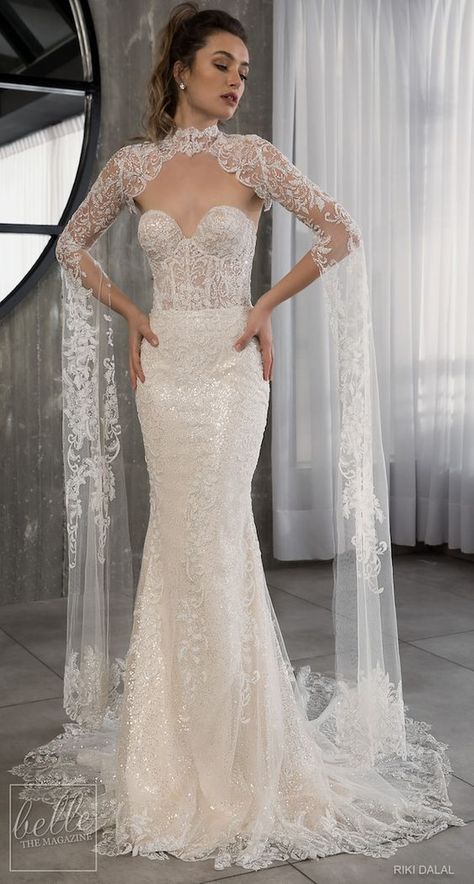 Dresses Glamour, Wedding Dresses Spring, Fitted Lace Wedding Dress, Baju Kahwin, Sheath Wedding Gown, Cape Wedding Dress, Fit And Flare Wedding Dress, Trendy Wedding Dresses, Lace Wedding Dress Vintage