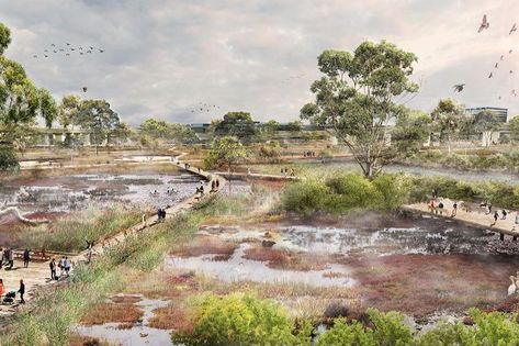 The City of Melbourne is currently seeking public feedback on a plan for Moonee Ponds Creek which aims to create new green public spaces and boost flood resilience. City Of Melbourne, Master Planning, Wetland Park, Urban Fabric, Water Management, Sainte Marie, Landscape Plans, S Design, Mgmt