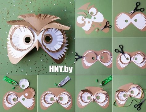 Paper Mask Diy, Animal Masks For Kids, Owl Mask, Owl Costume, Paper Owls, Cardboard Sculpture, Harry Potter Party, Camping Art, Diy Mask