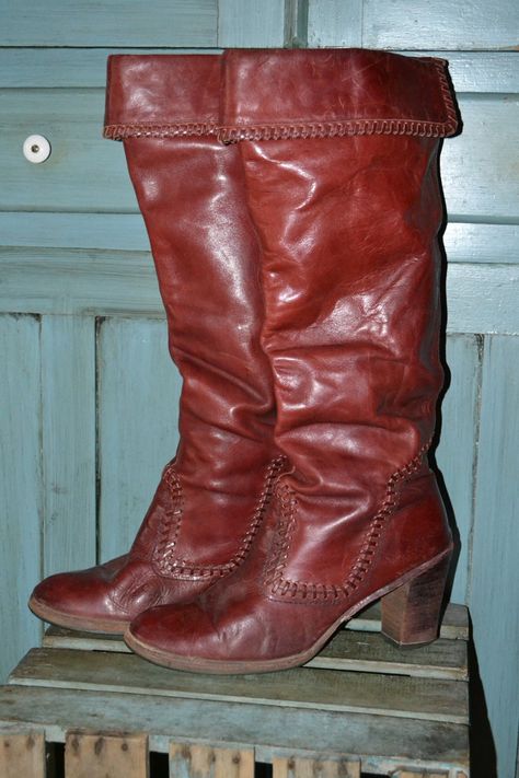 OWWW OWWWWWWWW! Red hot knee high (or over the knee boots if you do not fold the cuffs over) russet brown vintage boots from Zodiac in a VERY RARE size 12. These boots are all genuine leather and are in GREAT vintage condition! Just gorgeous with awesome whipstitch detailing and stacked wood heels. AMAZING! Soft and supple, yet substantial real leather throughout. Soles have been replaced and rubberized for extra longevity...not to mention- comfort! NO STICKY LINERS! In fact, these are fully int Brown Vintage Boots, Wood Heel, Red Boots, Cowboy Cowgirl, Aesthetic Shoes, Vintage Boots, Cow Boy, Pretty Shoes, Dream Shoes