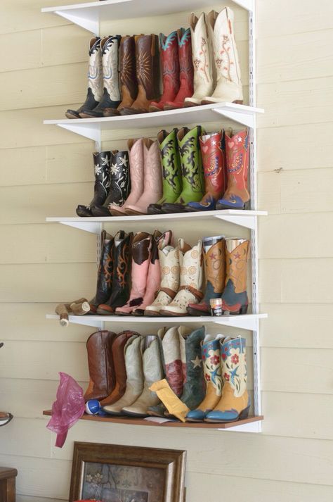 Cowboy boot display Shoe And Boot Shelves, Boot Organization Small Space, Cowboy Boot Shelf Display, Cowboy Boot Closet, Cowgirl Boot Shelf, Cowgirl Boot Storage, Western Boot Display, Cowboy Boot Display Ideas, Cowboy Boot Shelves