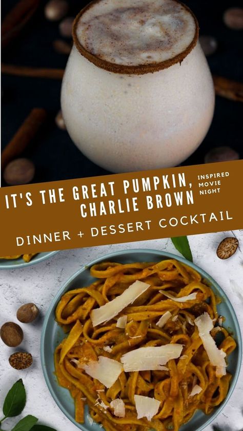 its the great pumpkin charlie brown movie night recipes | boozy pumpkin pie milkshake | homemade pumpkin noodles with cheesy pumpkin sauce recipe Thanksgiving Dinner And A Movie, Great Pumpkin Charlie Brown Dinner, Halloween Movie Recipes, Halloween Movie And Dinner, Halloween Dinner And Movie Night, Thanksgiving Movie Night, Movie Meals, Movie Inspired Recipes, Pumpkin Noodles