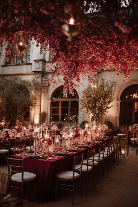 Burgundy Table Cloth Wedding Reception, Maroon Reception Decor, Red Wine Theme Wedding, Ethereal Romantic Wedding, Dreamy Wedding Theme Color Palettes, Dark Red Flowers Wedding, Maroon Themed Wedding Decorations, Wine Color Wedding Decorations, Red Theme Wedding Reception