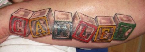 Tyler's tattoo....Baby's name in blocks. LOVE! Blocks Tattoo, Block Tattoo, Baby Name Blocks, Baby Name Tattoos, Tattoo Shoulder, Tattoos With Kids Names, Mommy Tattoos, Men Tattoos, Shoulder Tattoos