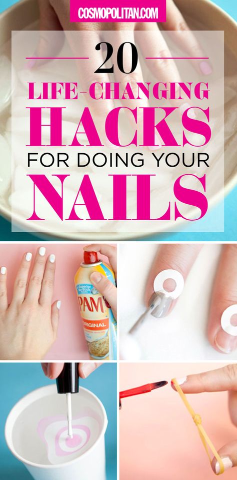 EASY NAIL HACKS & IDEAS: Save major money by skipping the salon and creating your own perfect mani with these tips and hacks. Cut down your drying time with PAM cooking spray, create the perfect half-moon mani with paper reinforcements, and create your own nail polish hue with loose pigments — find all the details and instructions here! Nail Painting Tips, Do It Yourself Nails, Nagel Stamping, Nail Polish Hacks, Manicure Diy, Nail Polish Bottles, Nail Art Hacks, Diy Manicure, Nail Paint