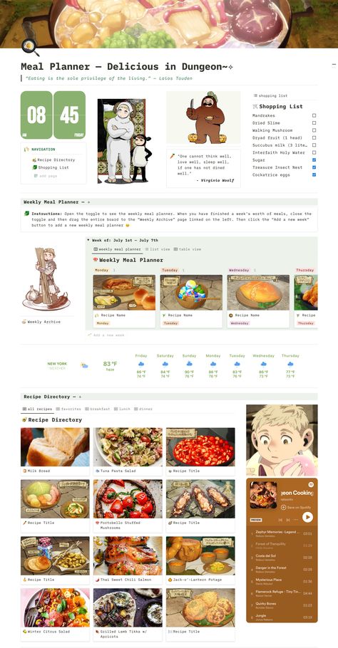 #notiontemplates #notion #notiontemplates #dungeonmeshi #deliciousindungeon #notiondashboard #notiondashboard #aestheticnotiondashboard #aestheticnotion #marcilledonato #laiostouden #chilchuck #senshi #widgets #recipes #mealplanner #mealplannernotion #recipebook #recipecards #food Dungeon Meshi Recipes, Notion Food, Notion Recipe Template, Notion Recipes, Notion Template Recipe, Notion Recipes Template, Recipe Notion Page, Recipe Notion Template, Notion Budget Template