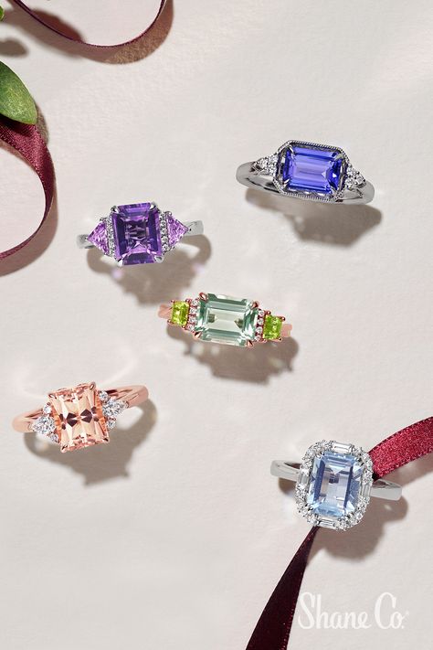 The perfect holiday gift: a gemstone ring featuring sparkling diamonds and gemstones such as morganite, aquamarine, tanzanite, amethyst and green quartz. All of these rings are crafted in 14k gold. Fine Jewelry Tourmaline Gemstone Rings, Luxury Tourmaline Gemstones For Engagement, Luxury Polished Tourmaline Rings, Luxury Tourmaline Cabochon Rings, Luxury Classic Tanzanite Gemstones, Modern Rings, Diamond Earrings Design, Let It Shine, Stylish Rings