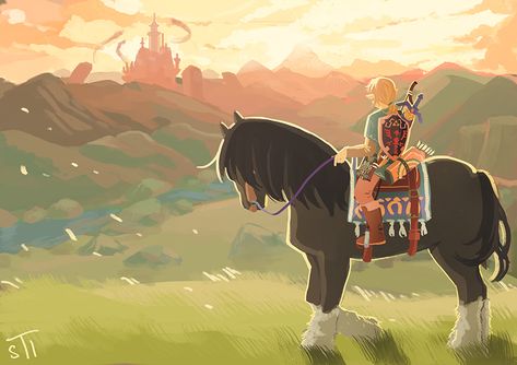 Breath of the wild hyrule castle link horse Link On Horse, Hyrule Castle Breath Of The Wild, Zelda Horse, Botw Link, Loz Fanart, Zelda Video Games, Hyrule Castle, Botw Zelda, Geeky Art