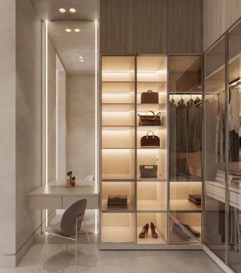 Closet And Dressing Room, Walkin Wardrobe With Dressing Table, Bedroom And Closet Combo, Open Dressing Room, Bedroom Dressing Room, Dream Closet Design, Walk In Closet Design, Closet Design Layout, Bedroom Interior Design Luxury