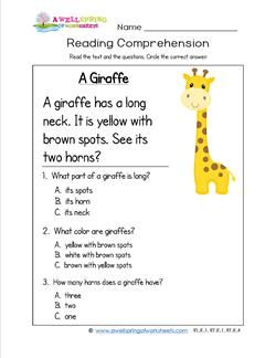 Who has the longest neck you'll ever see? A giraffe, of course! Kids read about the giraffe's neck and t his spots and answer 3 comprehension questions. Small Comprehension For Class 1, Reading For Grade 1 For Kids, Science Worksheets For Kindergarten, Easter Reading Comprehension, Kindergarten Comprehension, Kindergarten Reading Comprehension, Phonics Reading Passages, First Grade Reading Comprehension, Reading Comprehension For Kids