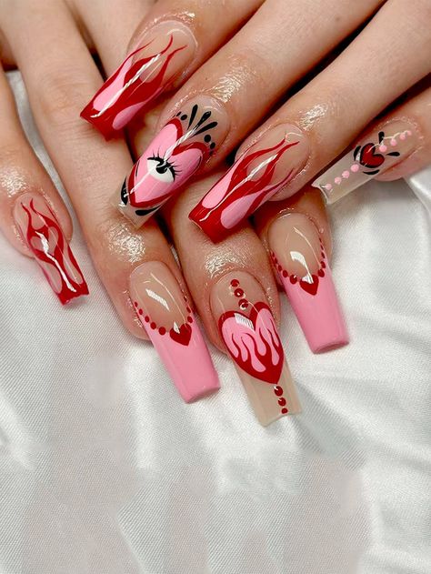 Long Press On Nails, Nagel Tips, Coffin Press On Nails, Girls Nails, Fire Nails, Funky Nails, Dope Nails, Valentine's Day Nails, Artificial Nails