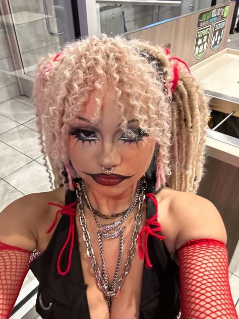 pixiebvg mia bug blonde locs w bangs makeup red and black ootd outfit Angel Braids With Bangs, Locs W Bangs, Box Braid Bangs, Bangs With Braids, Goddess Braids With Bangs, Red And Blonde Braids, Box Braids With Bangs, Braids And Bangs, Loc Bangs