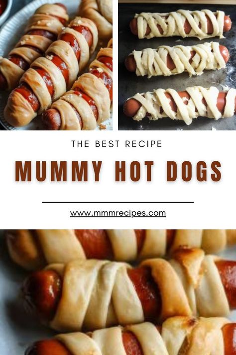 Get ready to wow your guests with these Spooky Mummy Hot Dogs! Perfect for any Halloween party, these little guys are super simple to make and irresistibly delicious. With just a few ingredients, you’ll have a fun snack that’s sure to disappear fast. Check out the full recipe and make your Halloween hauntingly good! 👻 Mummy Dogs Recipe, Hot Dog Mummy Recipe, Halloweenies Hot Dogs, How To Make Mummy Hot Dogs, Mummy Hot Dogs Puff Pastry, Mummy Wrapped Hotdogs, Mummy Mini Hotdogs, Mummy Dogs For Halloween, Halloween Mummy Hotdogs