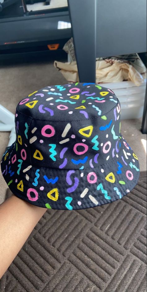 I used white fabric paint and uni posca paint markers✨ Posca Clothes, Posca On Fabric, Bucket Hat Painting Ideas, Baseball Cap Painting Ideas, Painted Bucket Hat, Bucket Hat Painting, Casual Hand Painted Hat, One Size Fits Most, Bucket Hat Aeshtetic, Bucket Hat Ideas