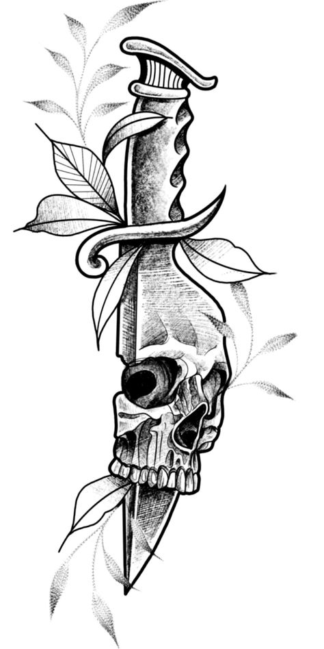 Coltello Tattoo, Skull Knife Drawing, Knives Drawing, Skull Knife Tattoo Design, Knife And Skull Tattoo, Spooky Knife Tattoos, Skull Knife Tattoo, Knife Through Skull Tattoo, Skull And Dagger Tattoo Design