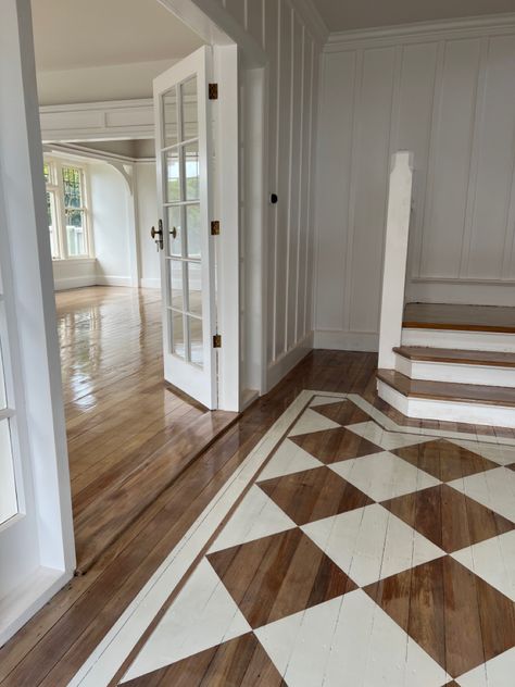 Whitewashed Rimu floors with painted diamond/checkered detail, finished with oil based polyurethane gloss. Painted Brick Floors Kitchen, Checkered Wooden Floor, Tone On Tone Checkered Floor, Wood Checkered Floor, Painted Diamond Floor, Checkered Hardwood Floor, Checkered Floor Sunroom, Check Floor Kitchen, Checkered Wood Floor