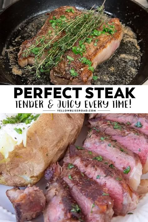 I'm sharing my tips for how to cook a steak that I've learned over the years to help you get the PERFECT steakhouse quality dinner every time at home. Steak Recipes Pan, Cast Iron Steak, New York Strip Steak, Cook Steak, Pan Seared Steak, New York Strip, The Perfect Steak, Cast Iron Skillet Recipes, Perfect Steak