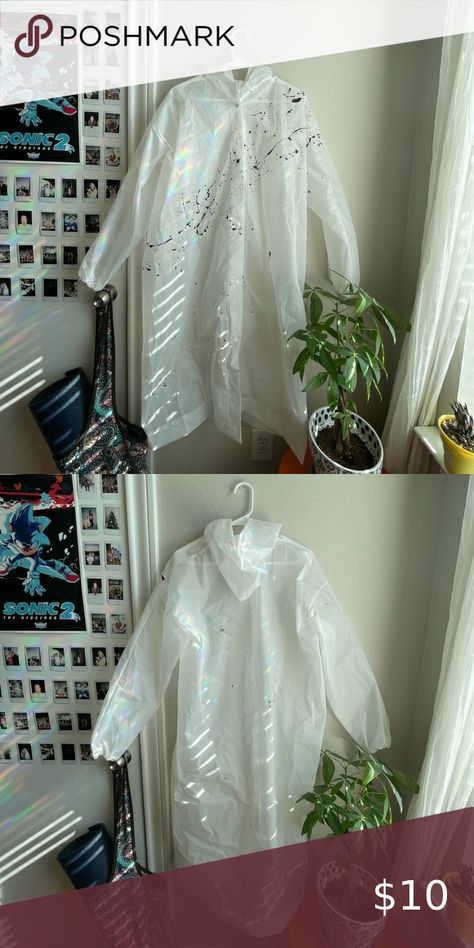 Patrick Bateman costume raincoat ! Patrick Bateman Raincoat, Painted Headphones, Patrick Bateman Costume, Painted Shed, Patrick Bateman, Blood Splatter, Rain Coat, Black Paint, Halloween Costume