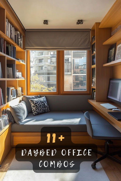 Make the most of your small space with these 11 daybed and office combo ideas! Smart designs that balance comfort and productivity beautifully. 🛋️✨ #SmallSpaceDesign #DaybedOfficeIdeas #FunctionalWorkspaces #CozyInteriors #HomeOfficeGoals #GuestRoomInspo #MultiPurposeRooms Home Office Pull Out Couch, Tiny Office With Bed, Daybed For Office, Den And Guest Room Combo, Office With Guest Bed, Guestroom Home Office Combo, Small Office With Daybed, Bed Office Combo, Day Bed Office