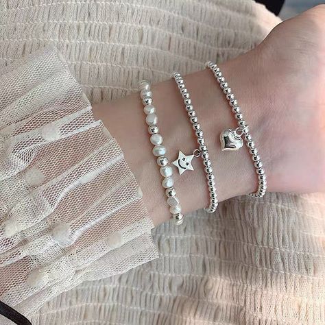 Heart Shaped Bracelet, Silver Bracelet For Women, Jewelry 2023, Silver Pearl Bracelet, Silver Bracelets For Women, Geometric Heart, Punk Jewelry, Star Bracelet, Geometric Jewelry