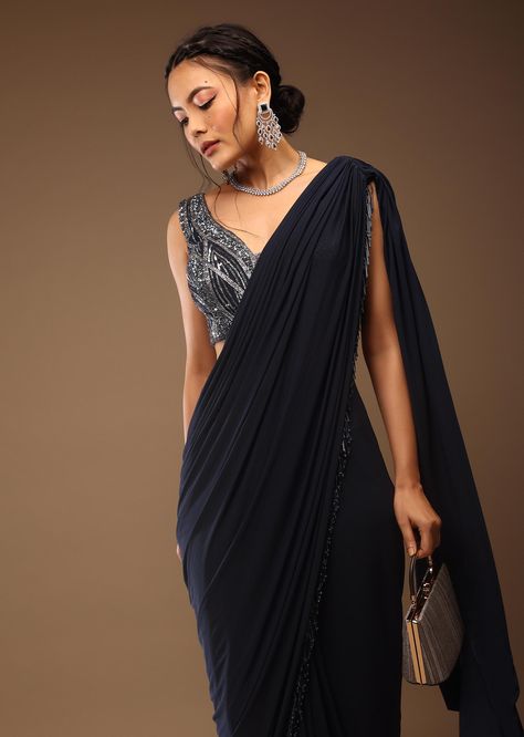 Buy Mood Indigo Blue Ready-Pleated Saree With A Crop Top In Sequins Embroidery Corset Neckline With A Tie-Up Tassel Dori At The Back Saree For Women Party Wear, Fare Well Sarees, Deepika Padukone Saree Yjhd, Saree Graduation Look, Saree Inspo For Farewell, Saari Designs Latest, Modern Saree Party Wear, Kalki Saree, Saree Look Modern