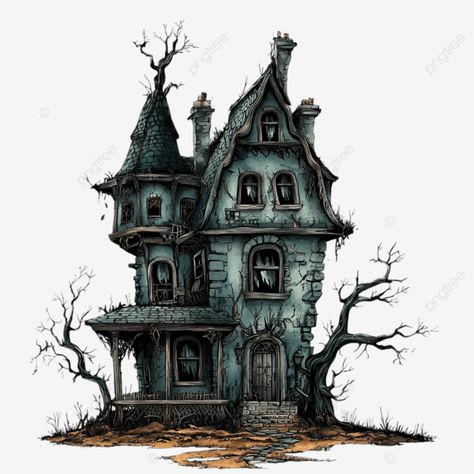 spooky haunted house illustration for halloween and more Haunted House Template, Haunted House Illustration, Spooky Haunted House, House Template, Halloween Flowers, Psd Background, Vector Trees, Black And White Tree, Social Media Poster