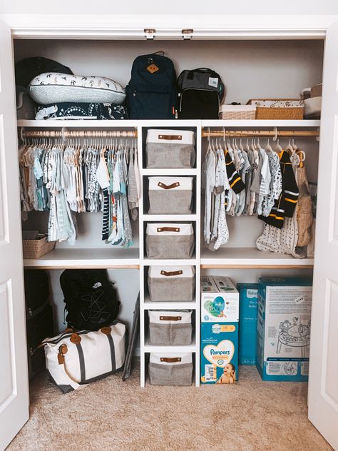 Nursery With Open Closet, Nursery Closet Ideas Diy, Nursery Clothing Storage, Nursery Closet Built In, Closet Organization For Nursery, Open Nursery Closet Ideas, Closet Storage Nursery, Closet Organization Ideas Nursery, Nursery Room Closet Ideas