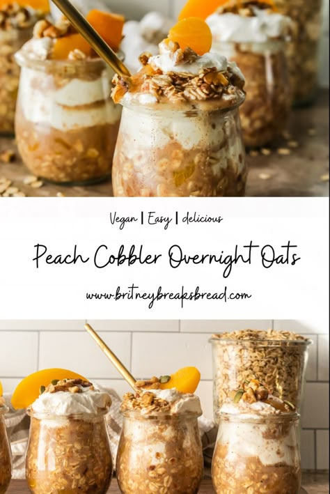 Ok seriously, these Peach Cobbler overnight Oats taste JUST like Peach Cobbler! It's SO good, easy to make, and tastes indulgent without all of the calories! This recipe is easy to make and is ideal for meal prepping! When I make these overnight oats on Sunday, they last until Wednesday. Of course that is if my Husband doesn't eat them all beforehand. This Peach Cobbler Overnight Oats recipe includes whole rolled oats, maple syrup, cinnamon, almond butter, almond milk, and a pinch of salt. It's Peach Crisp Overnight Oats, Overnight Oats With Cottage Cheese, Summer Overnight Oats, Winter Overnight Oats, French Toast Overnight Oats, Peach Cobbler Overnight Oats, Peaches And Cream Overnight Oats, Breakfast Staples, Peach Overnight Oats