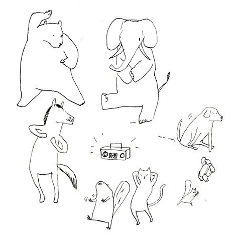 Animal Dance Party, Illustration by Graham Roumieu Dancing Elephant Illustration, Party Animal Drawing, Animal Dancing Illustration, Party Animal Tattoo, Party Animal Illustration, Dance Party Illustration, Dancing Animals Drawing, Animal Party Illustration, Dancing Animals Illustration