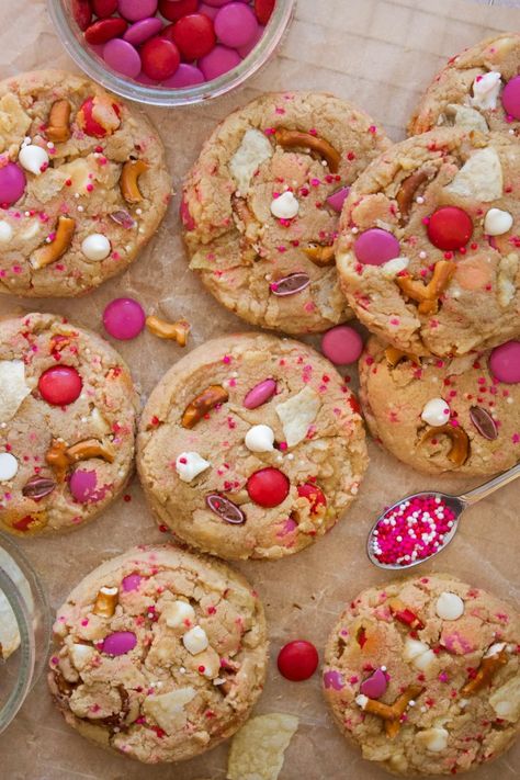 Valentine's Kitchen Sink Cookies - Taffey Bakery Valentines Monster Cookies, Valentine’s Day Cookies, Condensed Milk Brownies, Taffey Bakery, Valentines Basket, Valentines Day Cookie, Sink Cookies, Kitchen Sink Cookies, Dark Chocolate Chip Cookies