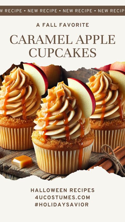 Elevate your fall celebrations Caramel Apple Cupcakes Recipe from our friends at 4U Costumes.com. These delicious treats feature a unique blend of apple-flavored frosting and caramel drizzle. #FallBaking #HalloweenTreats #CaramelAppleCupcakes #FallDesserts #AutumnBaking #CupcakeRecipe #HomemadeCupcakes #SeasonalBaking #HolidayBaking #SweetTreats #PumpkinSpice #AppleFlavor #CaramelDrizzle #BakingInspiration #FestiveBaking #GourmetCupcakes #DessertRecipe #BakingLove #FallRecipes #YummyCupcakes Caramel Apple Crumble Cupcakes, Fall Cakes And Cupcakes, Gourmet Halloween Desserts, Unique Baking Recipes Desserts, Unique Desserts For Thanksgiving, Fall Filled Cupcakes, Chocolate Fall Cupcakes, Caramel Apple Cupcakes With Filling, Unique Cupcake Flavors Recipes